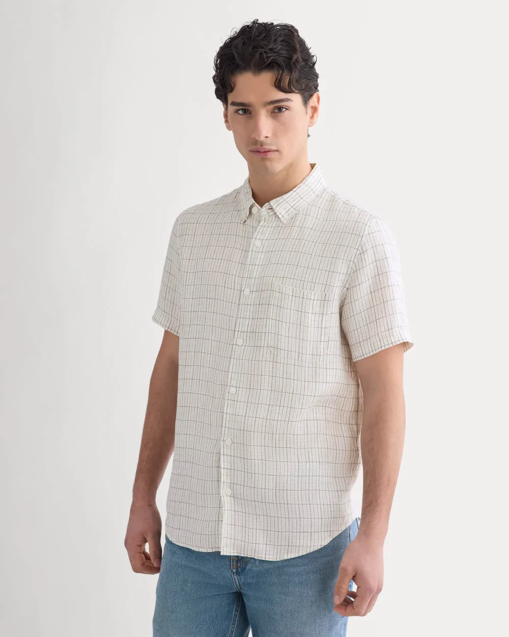 The Classic Short-Sleeve Shirt in Linen | Bone Plaid - Image 3