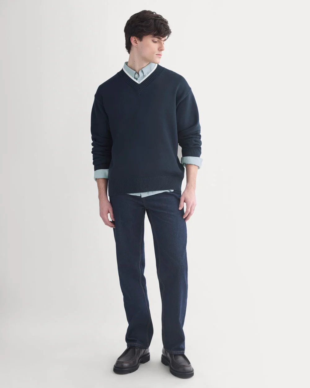 Relaxed V-Neck Sweater in Everyday Cotton | Deep Navy - Image 3