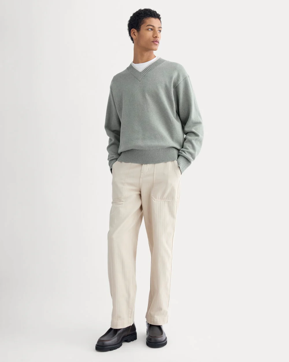 Relaxed V-Neck Sweater in Everyday Cotton | Heathered Lilypad - Image 3