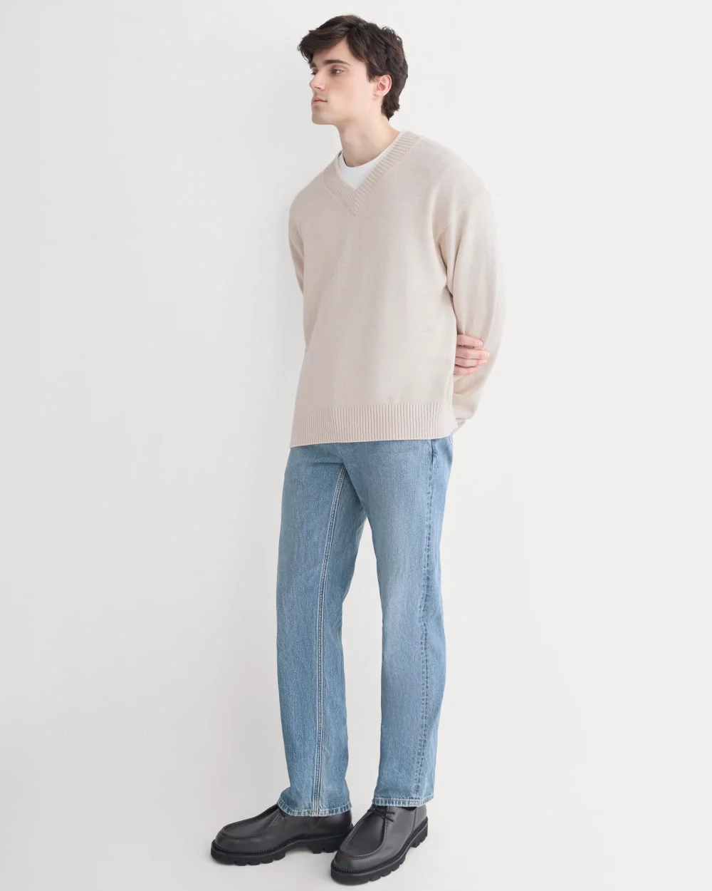 Relaxed V-Neck Sweater in Everyday Cotton | Heathered Oat - Image 3