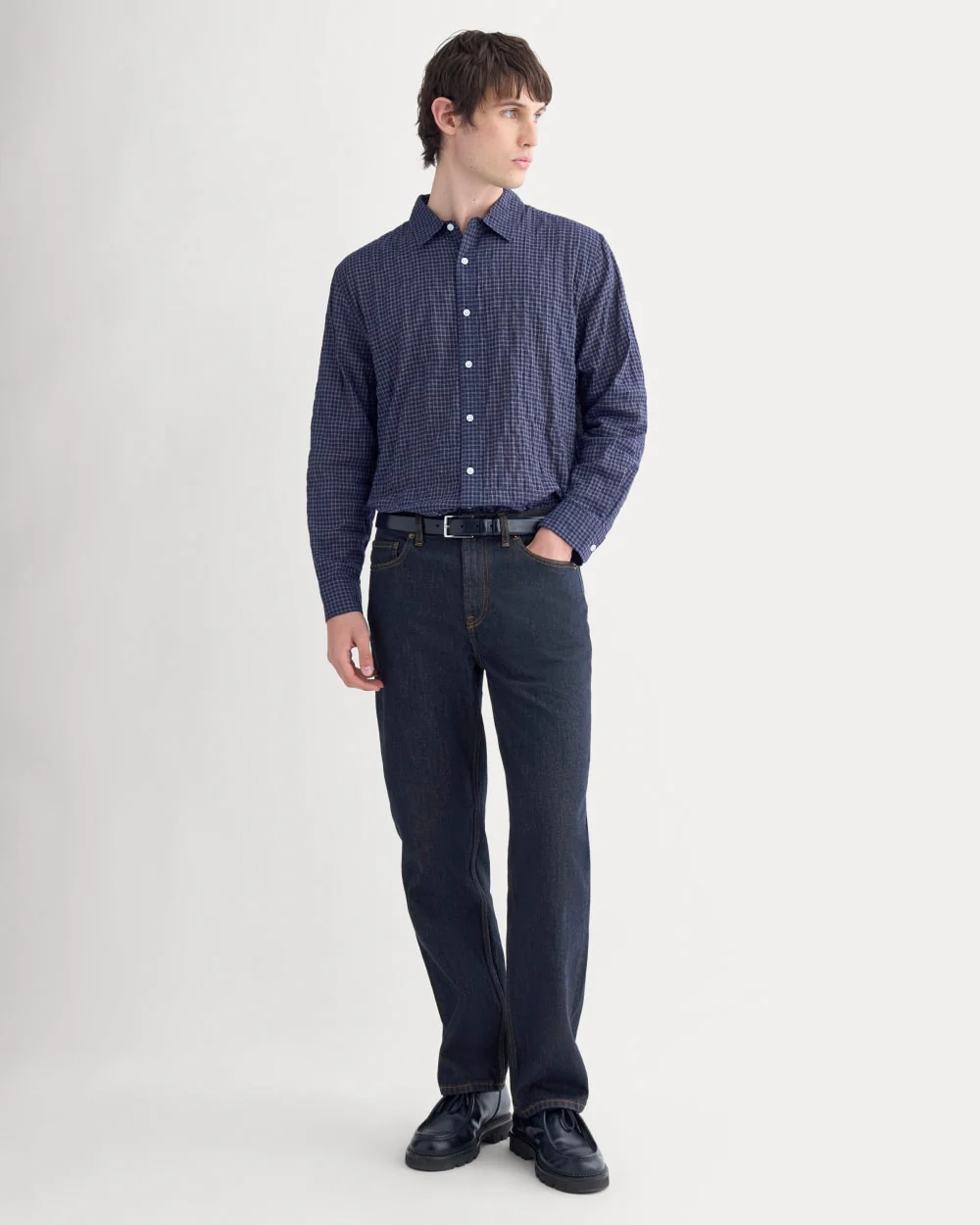 Textured Voile Button-Up Shirt | Navy Plaid - Image 4