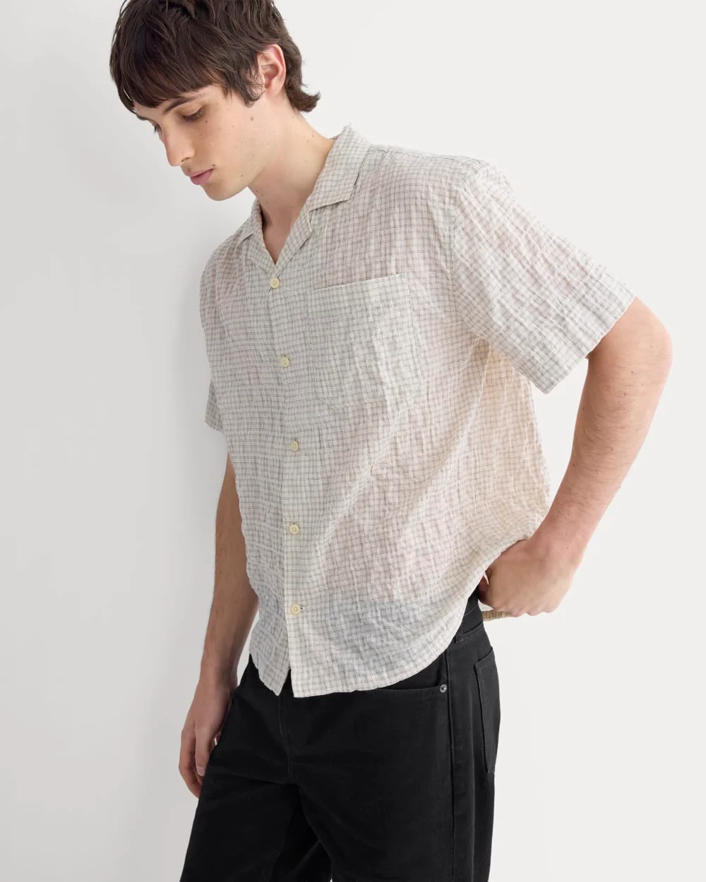 Textured Voile Resort Shirt | Natural Plaid