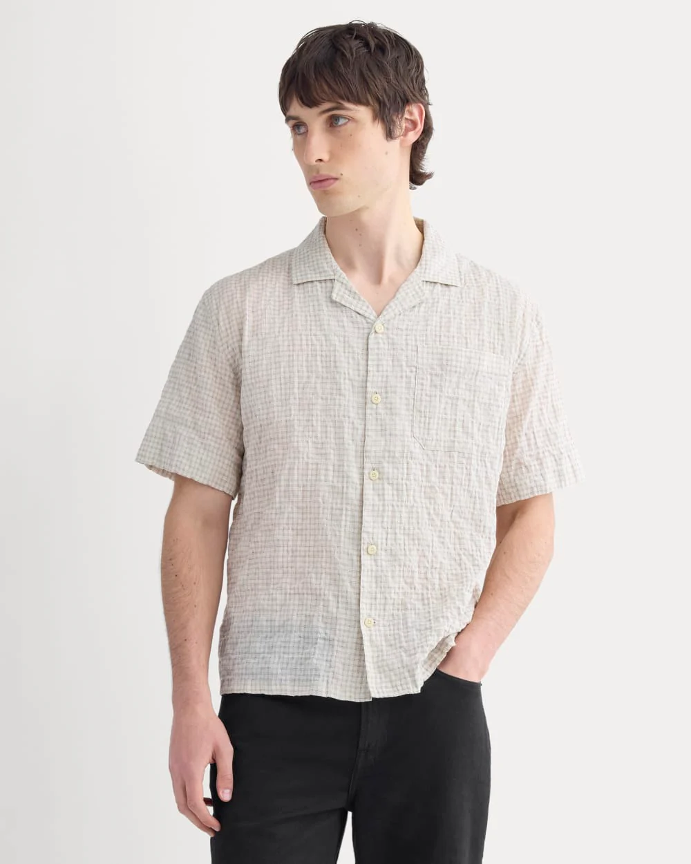 Textured Voile Resort Shirt | Natural Plaid - Image 4