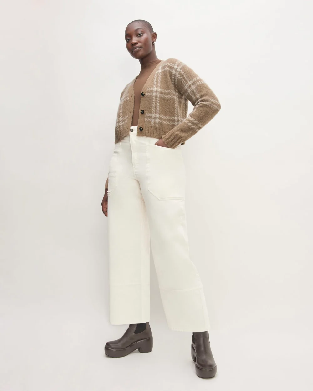 The Alpaca V-Neck Cropped Cardigan | Wheat / Lightest Taupe - Image 3