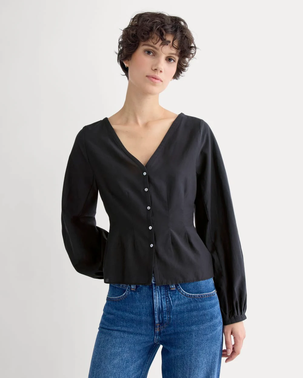 Balloon Sleeve Top in Cotton Silk | Black - Image 4