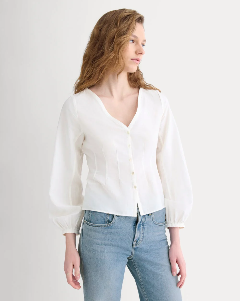 Balloon Sleeve Top in Cotton Silk | Bone - Image 3