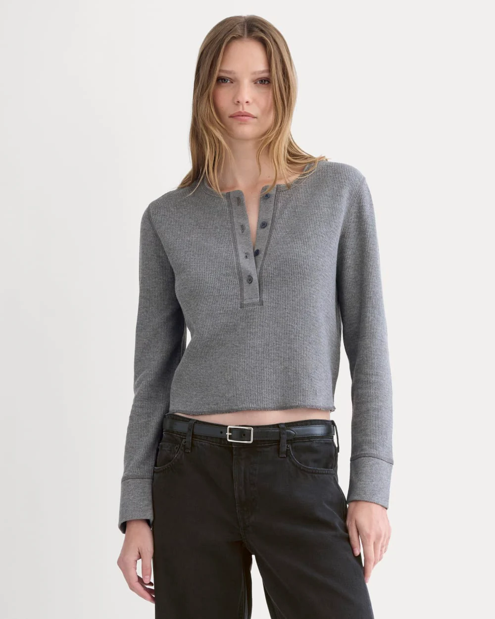 Boxy Henley in Cozy Waffle | Heathered Charcoal