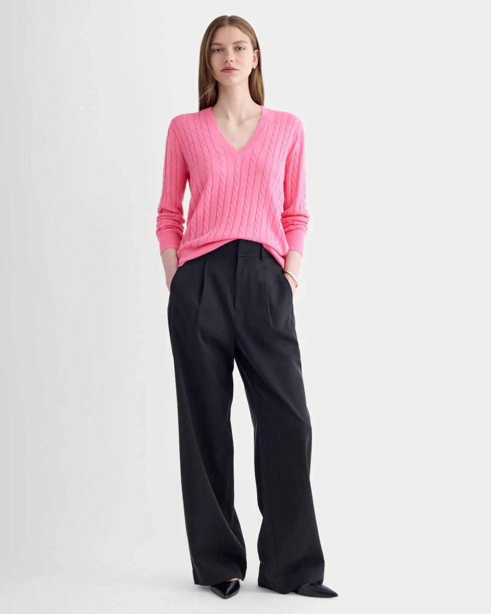 The Cable V-Neck in Cotton Cashmere | Deep Pink - Image 3