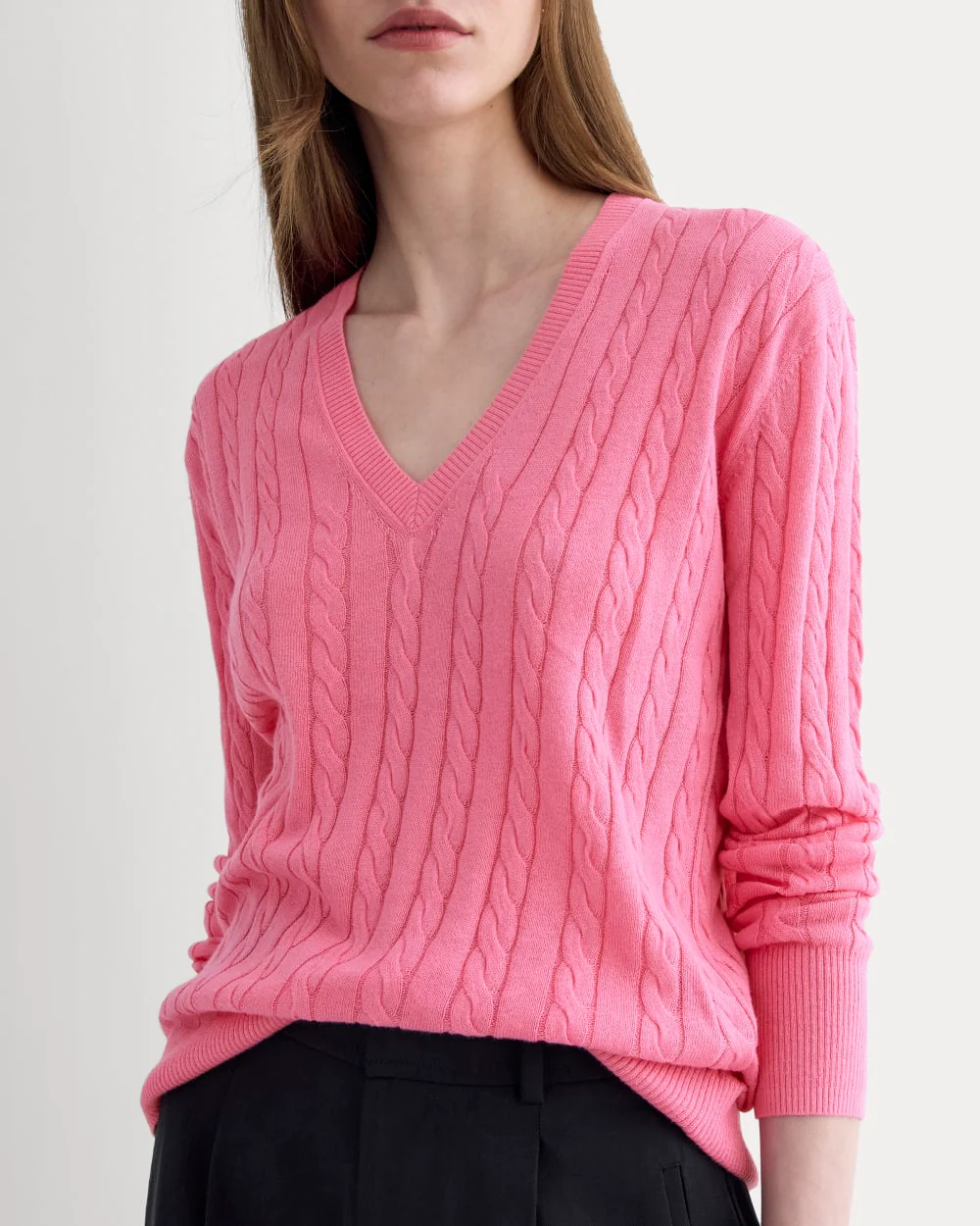 The Cable V-Neck in Cotton Cashmere | Deep Pink - Image 4