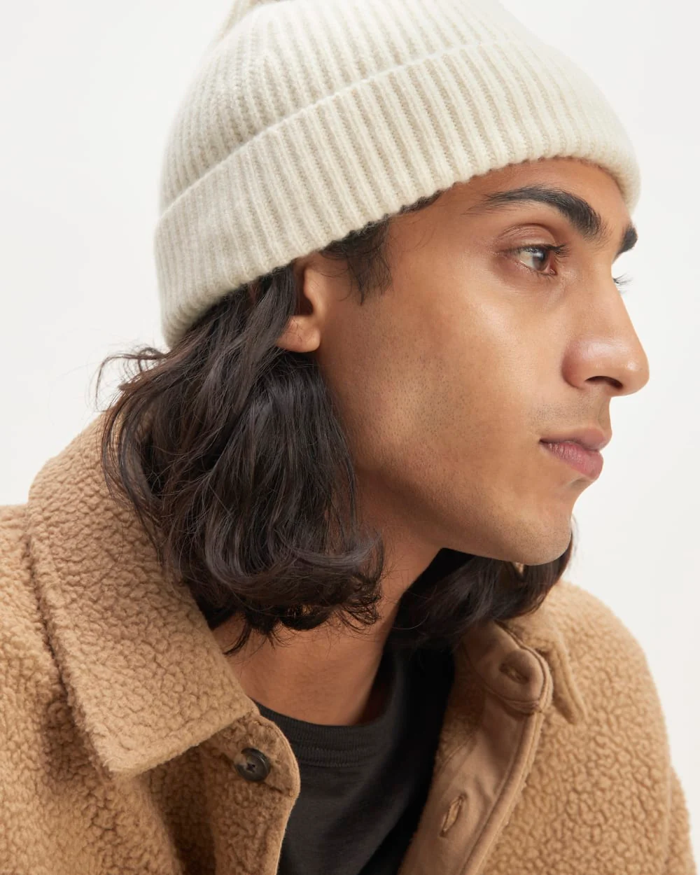 The Cashmere Fine Rib Beanie | Bone - Image 3