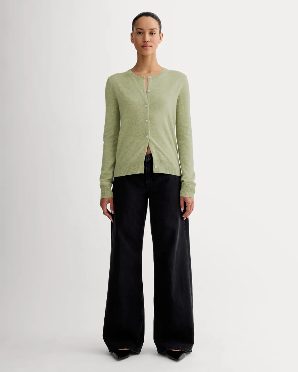 The Classic Cardigan in Cashmere | Light Heathered Moss - Image 3