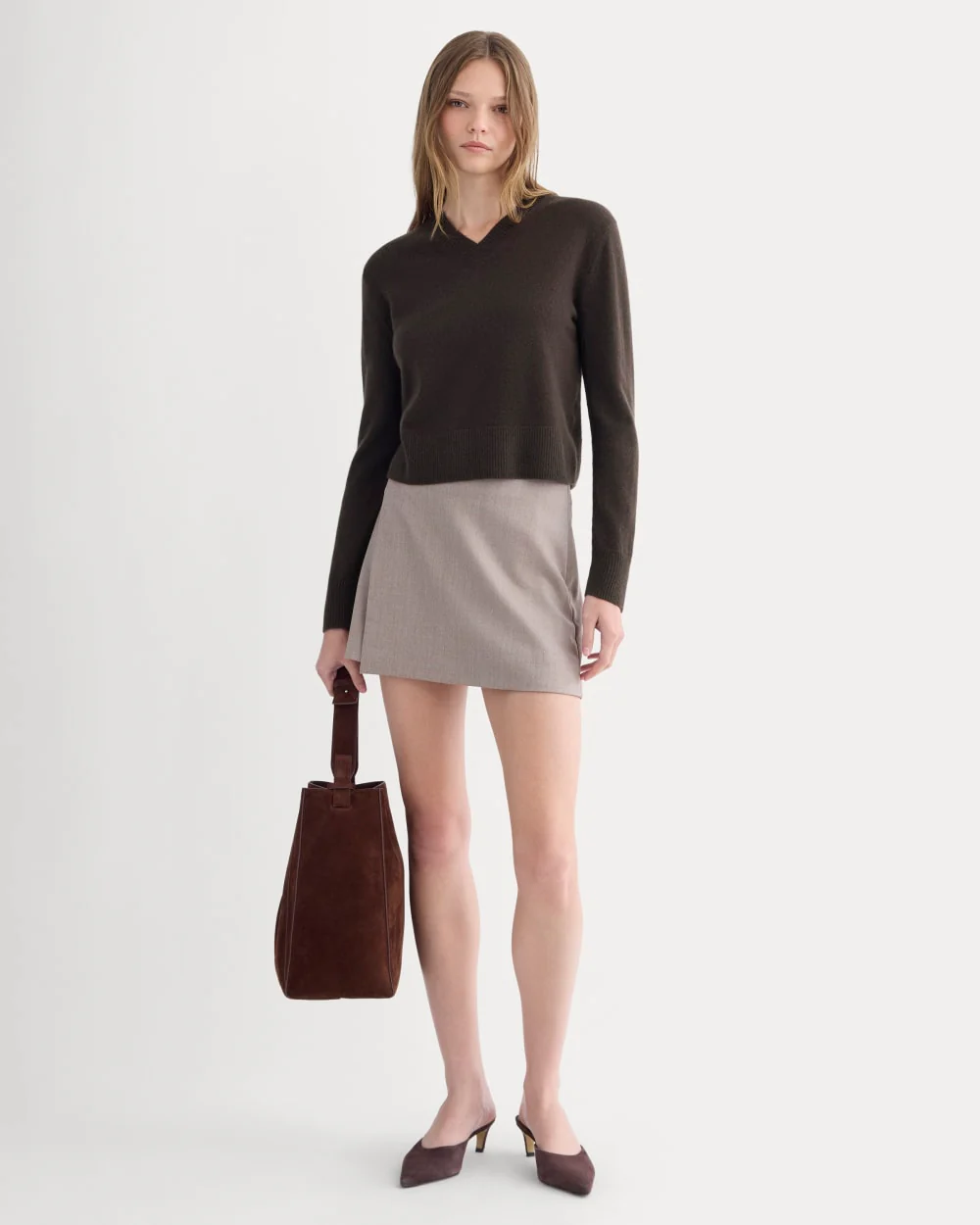 Cashmere Cropped High-V Sweater | Dark Chocolate - Image 3