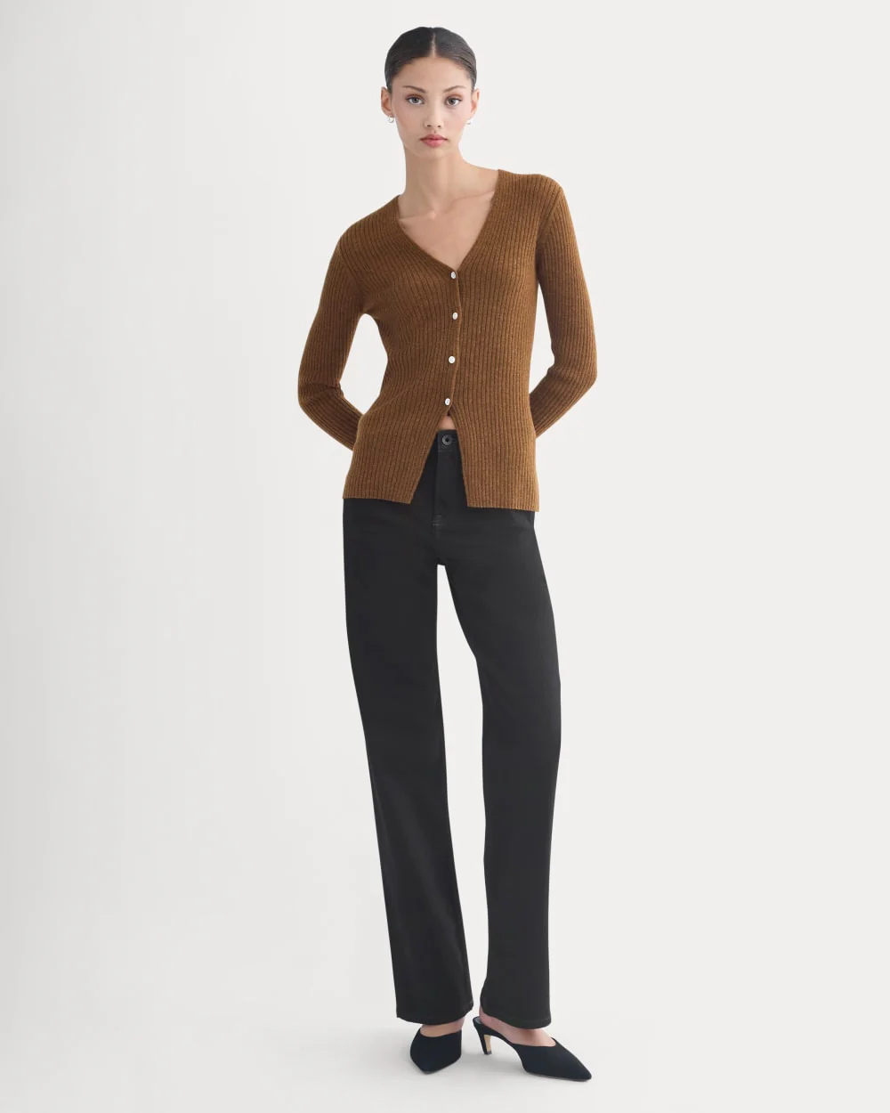 Cashmere Ribbed V-Neck Cardigan | Heathered Toffee - Image 3