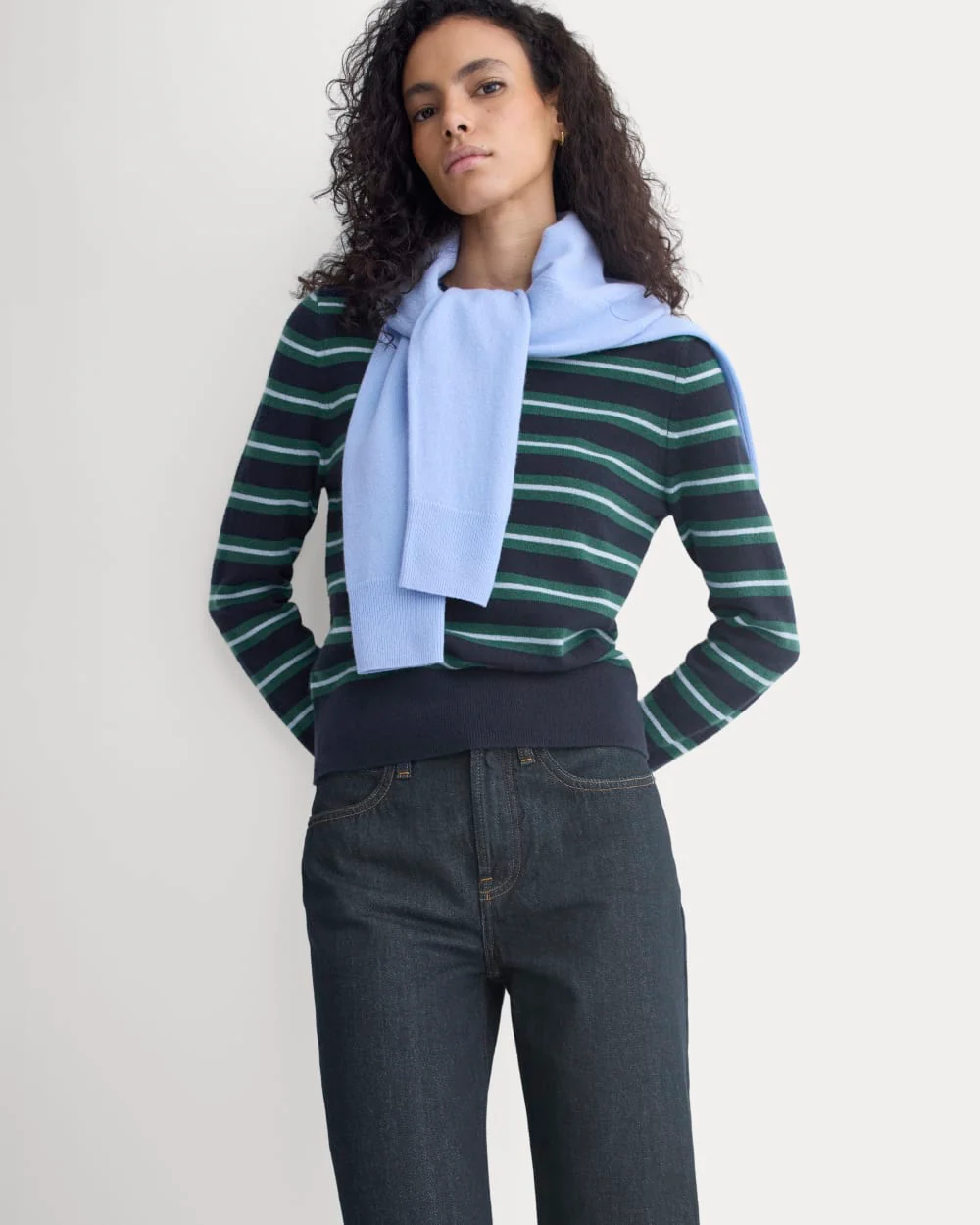 Cashmere Slim Crew Sweater | Hunter Green/Open Air Blue - Image 4