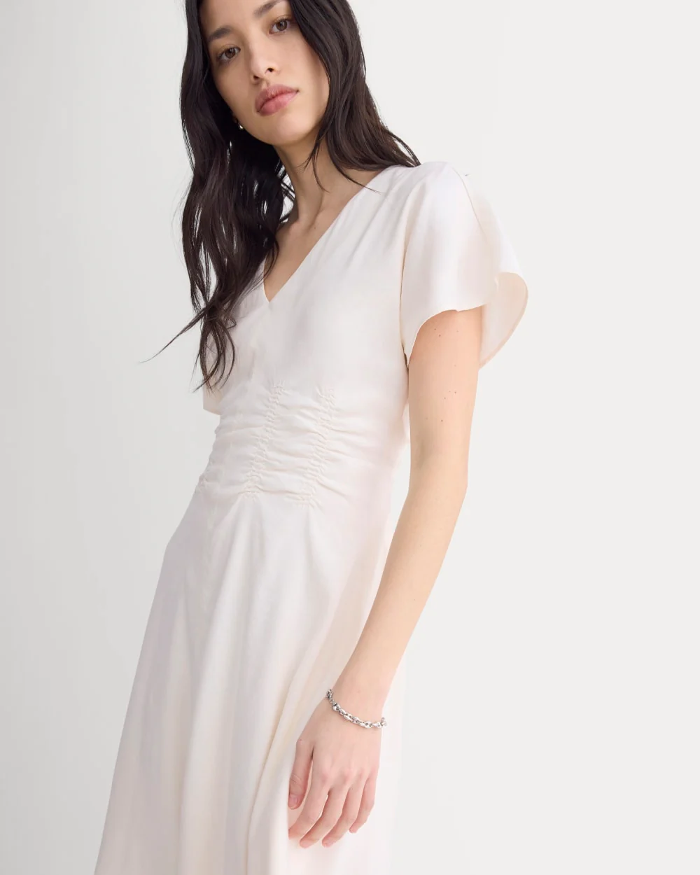 Cinched Dress in Stretch Linen | Bone - Image 3
