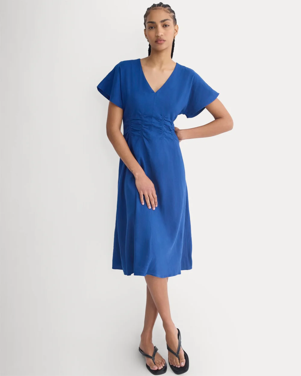 Cinched Dress in Stretch Linen | Estate Blue - Image 3