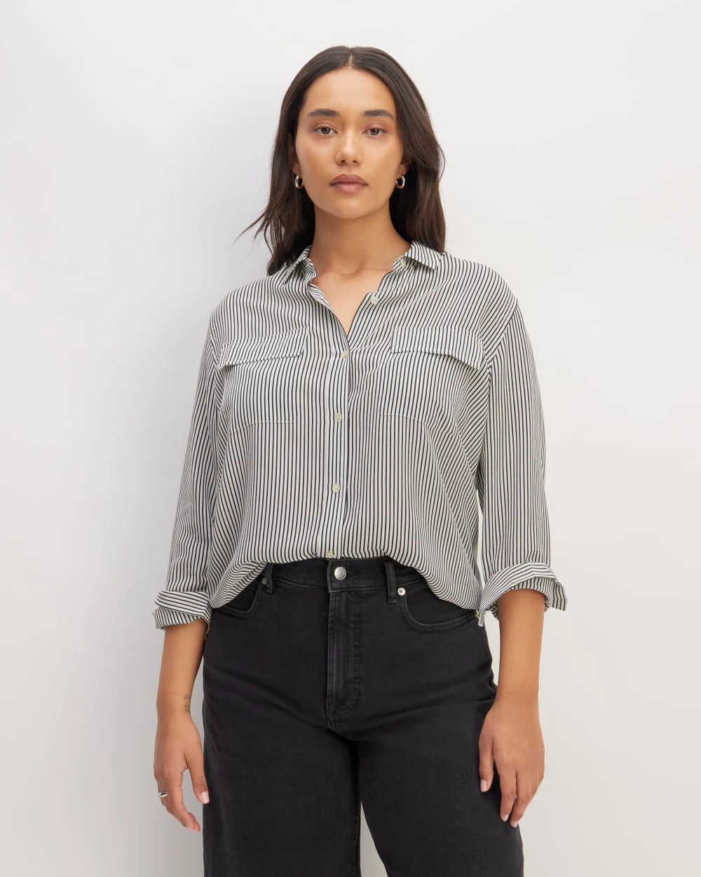 The Utility Shirt in Washable Silk | Black / White