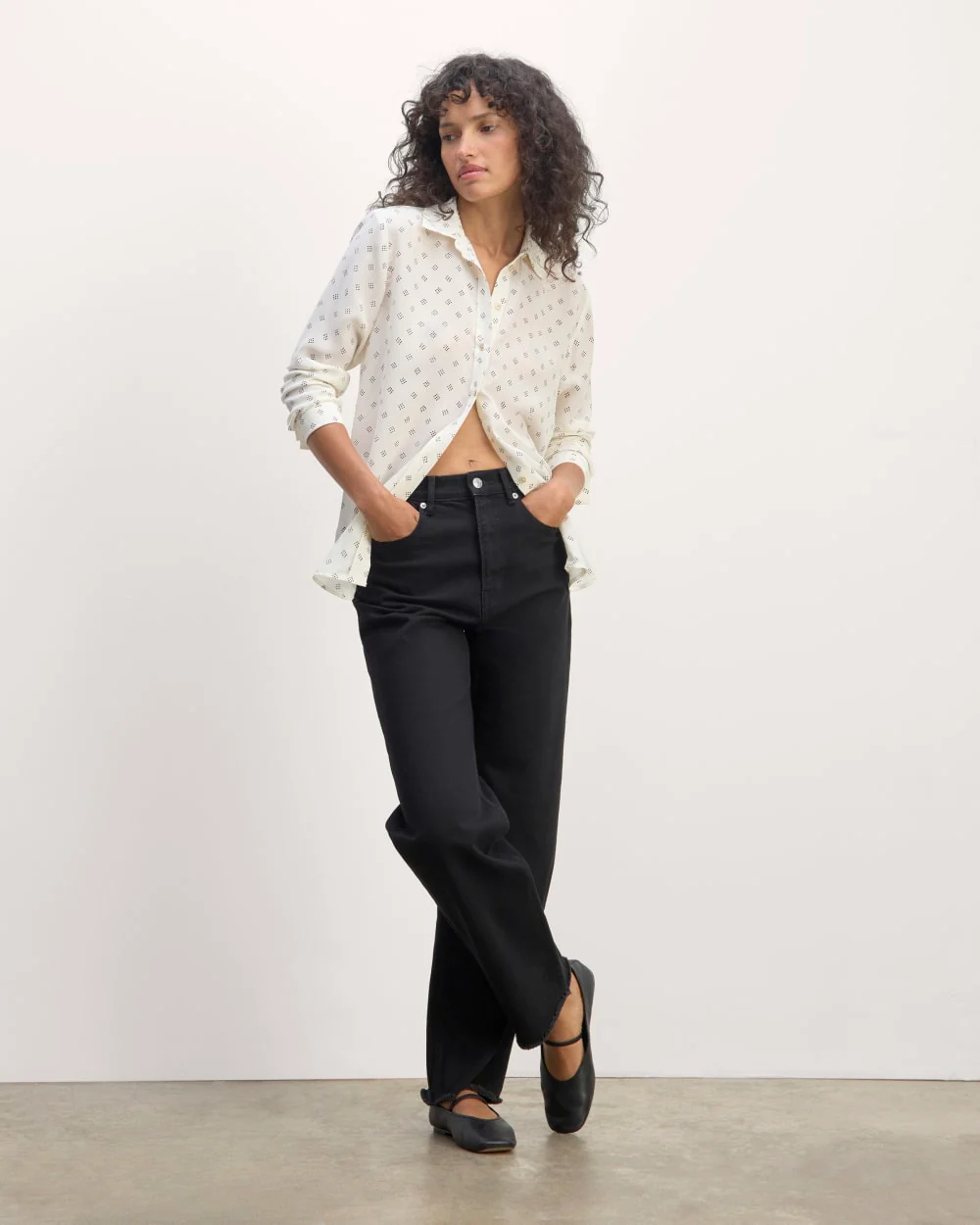 The Must-Have Shirt in Washable Silk | Bone / Black Square Dot - Image 3