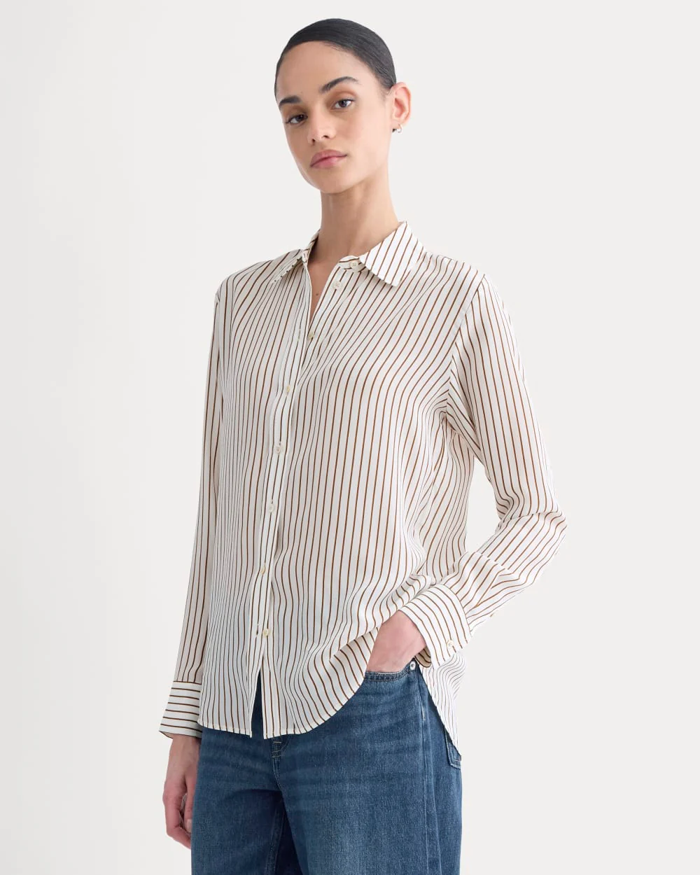 The Must-Have Shirt in Washable Silk | Bone / Toffee Stripe
