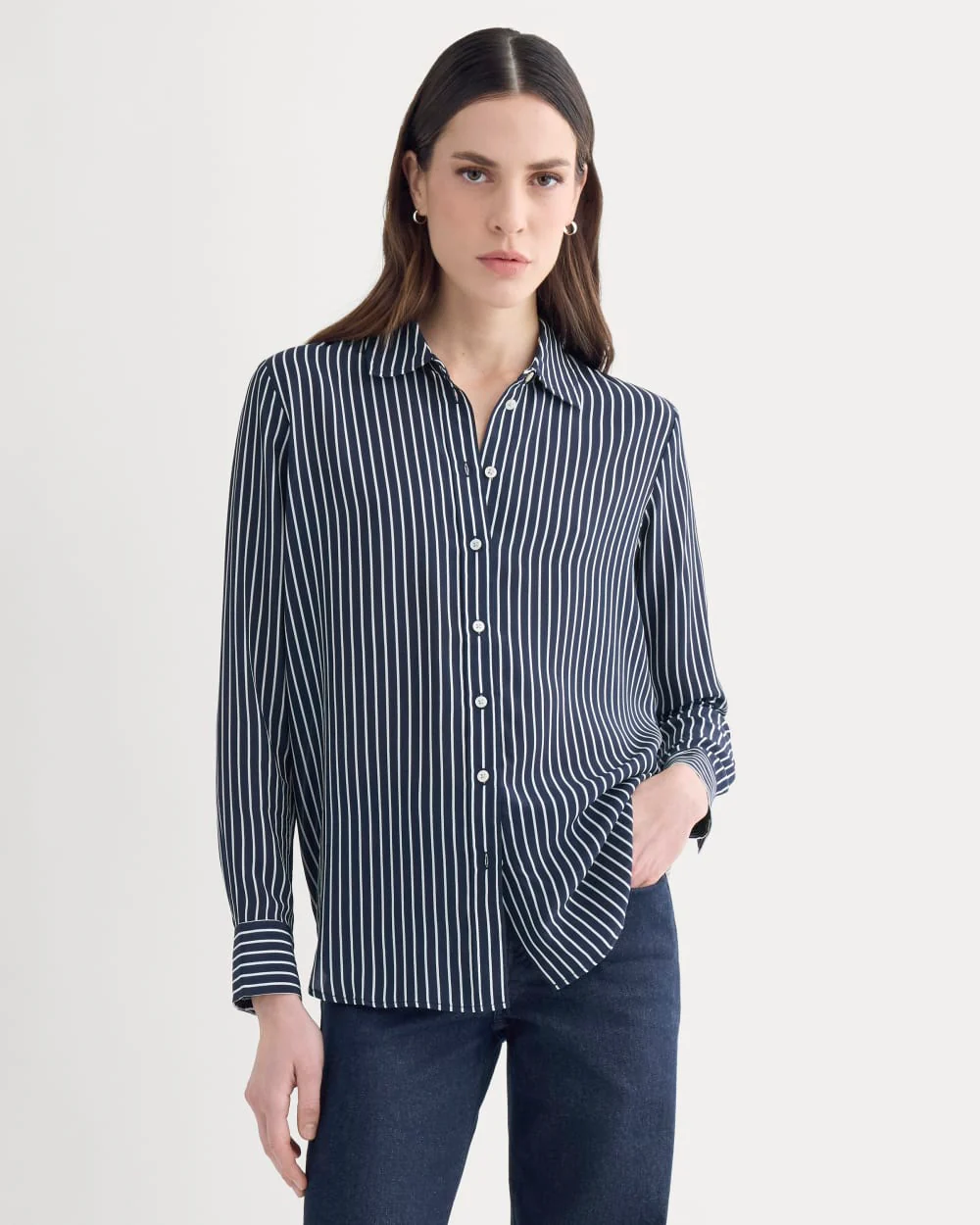 The Must-Have Shirt in Washable Silk | True Navy / Bone Stripe - Image 4