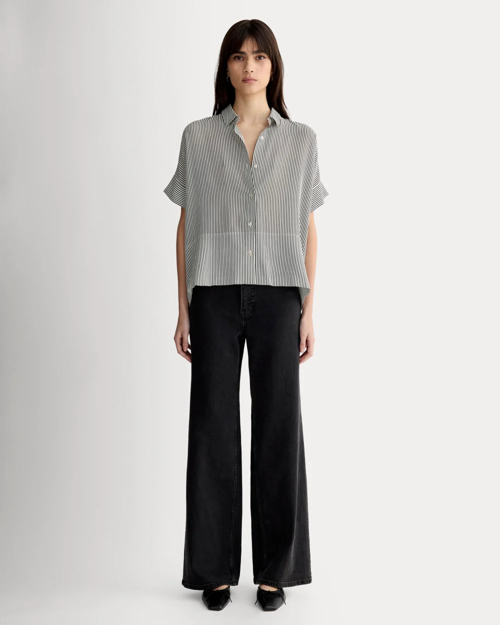 The Boxy Shirt in Washable Silk | Black Micro Stripe - Image 3