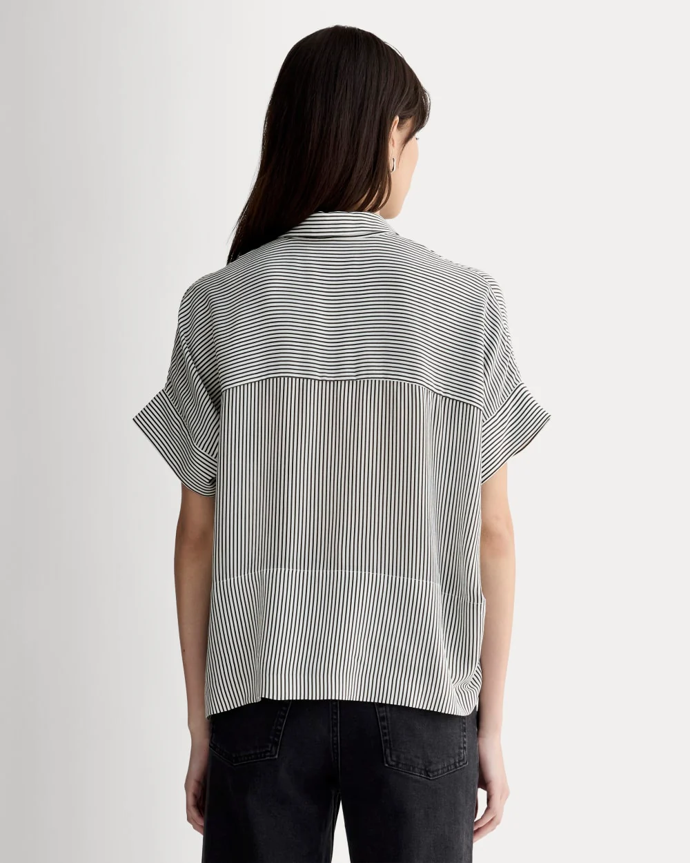 The Boxy Shirt in Washable Silk | Black Micro Stripe - Image 5