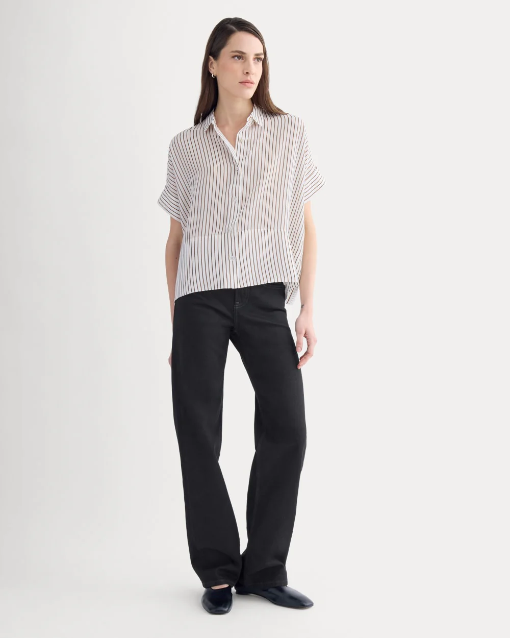 The Boxy Shirt in Washable Silk | Bone / Toffee Stripe - Image 3