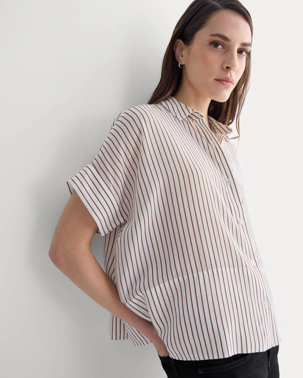The Boxy Shirt in Washable Silk | Bone / Toffee Stripe - Image 4