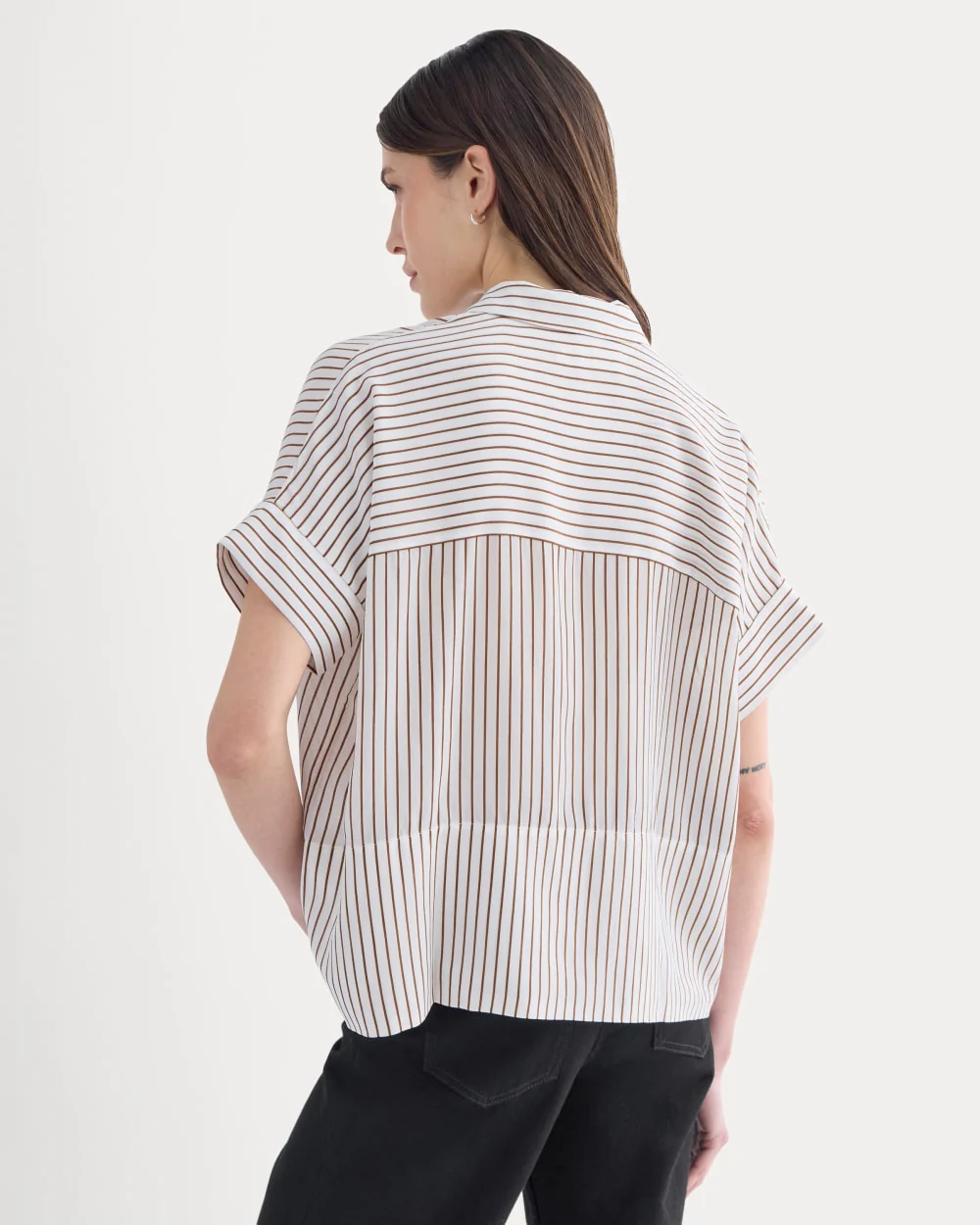 The Boxy Shirt in Washable Silk | Bone / Toffee Stripe - Image 5