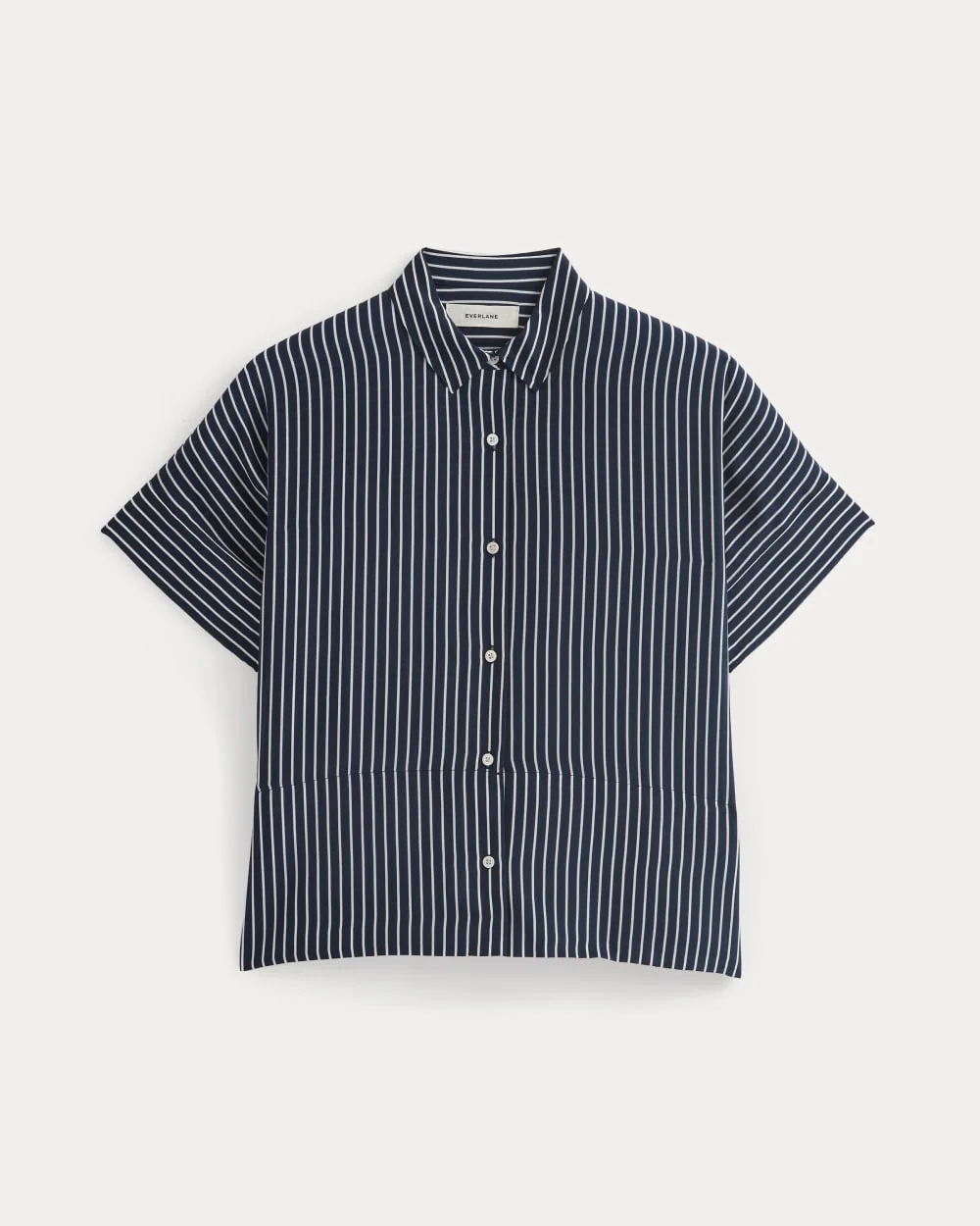 The Boxy Shirt in Washable Silk | True Navy / Bone Stripe - Image 2
