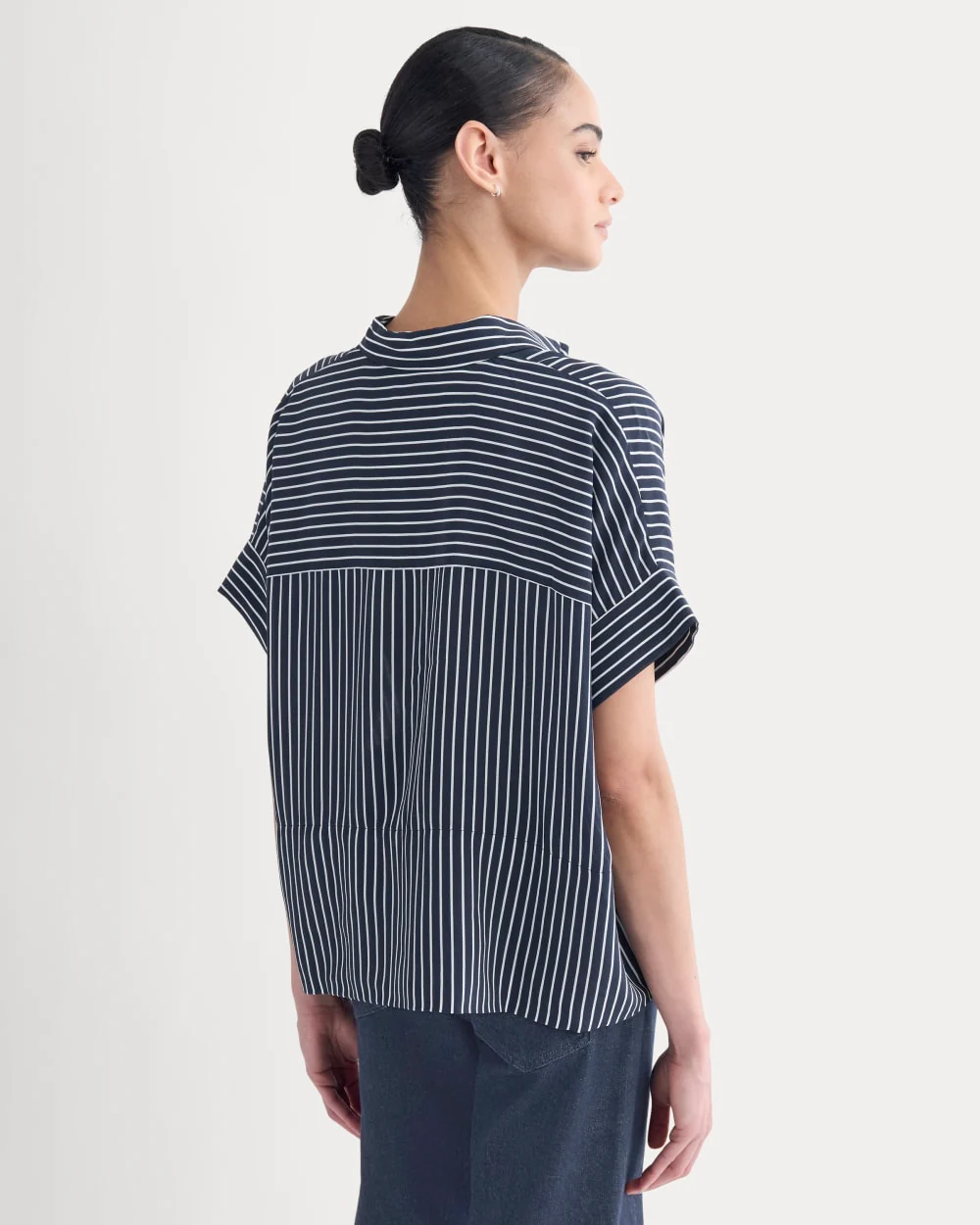 The Boxy Shirt in Washable Silk | True Navy / Bone Stripe - Image 5