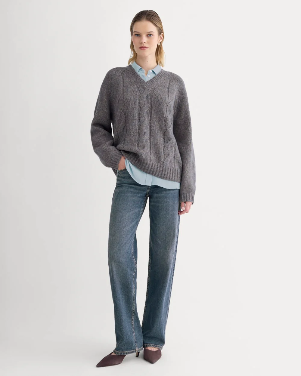 Cloud Cable V-Neck Sweater | Blue Multi Twist - Image 3