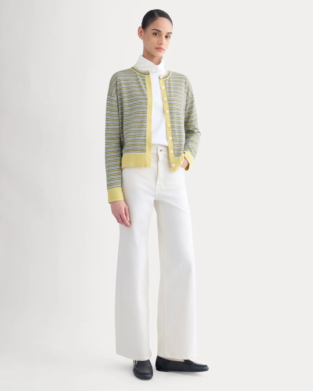 Crew Cardigan in Ultrasoft Merino | Double Cream Multi Stripe - Image 3