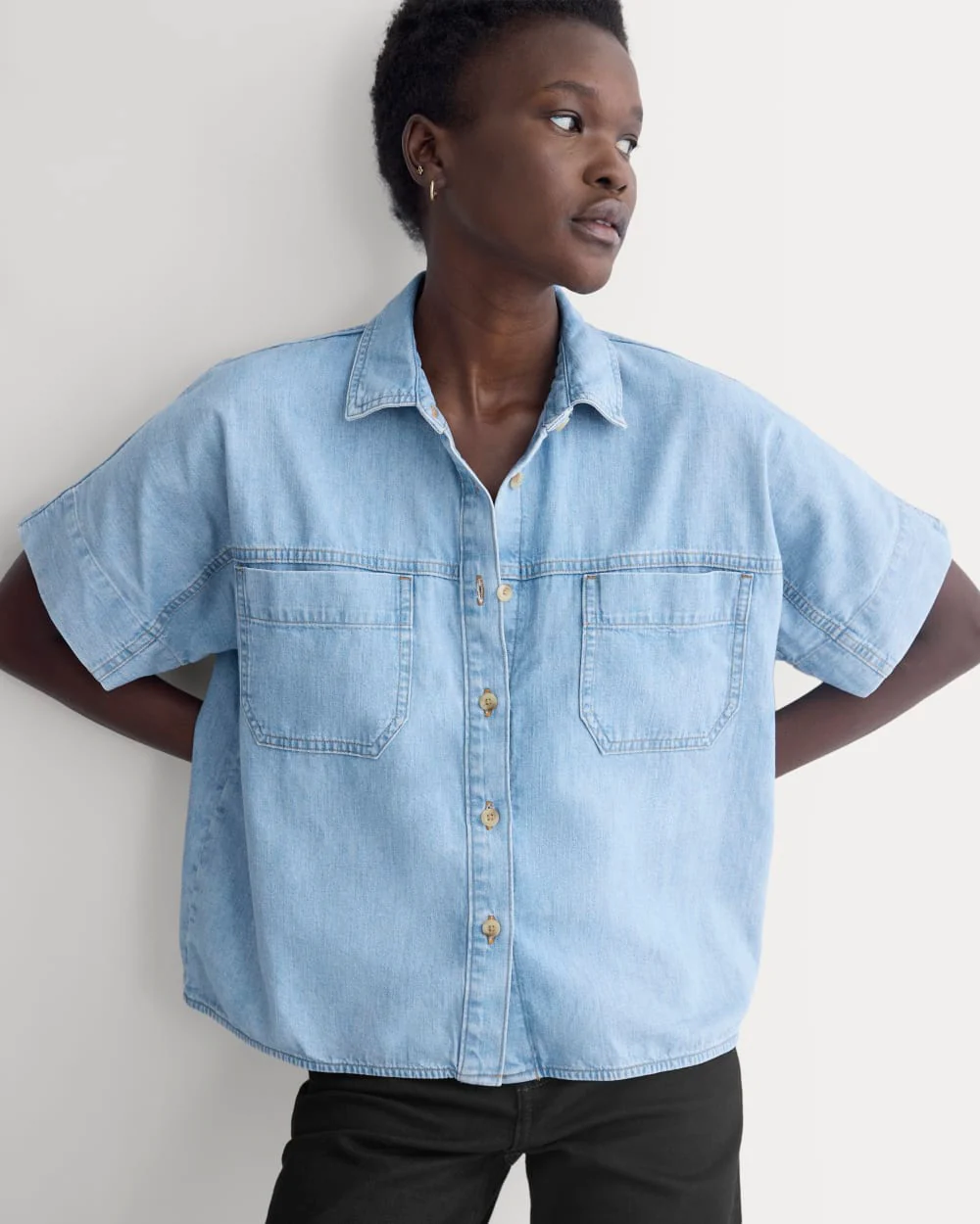 Cropped Boxy Denim Shirt | Light Indigo