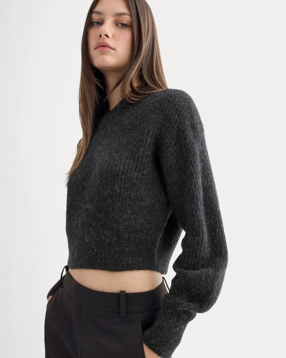 Cropped Cocoon Sweater in Alpaca | Heathered Black - Image 4
