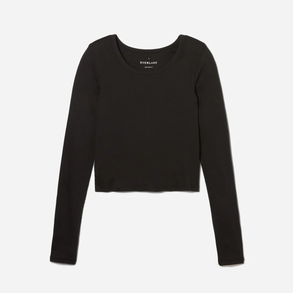 The Pima Micro-Rib Cropped Long-Sleeve Crew | Black - Image 2