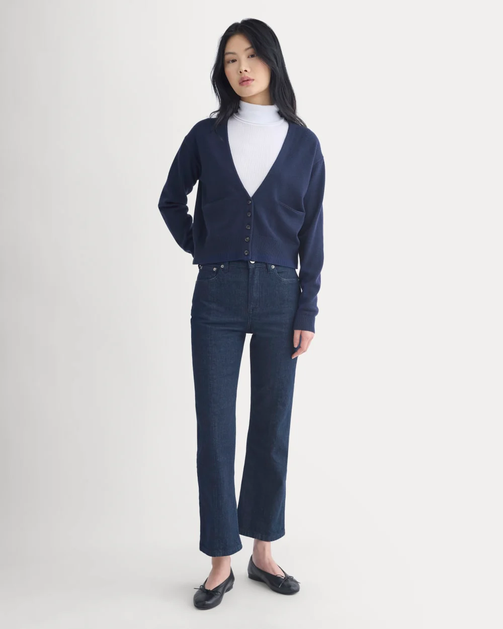 Deep V-Neck Cardigan in Cotton Merino | Navy - Image 3