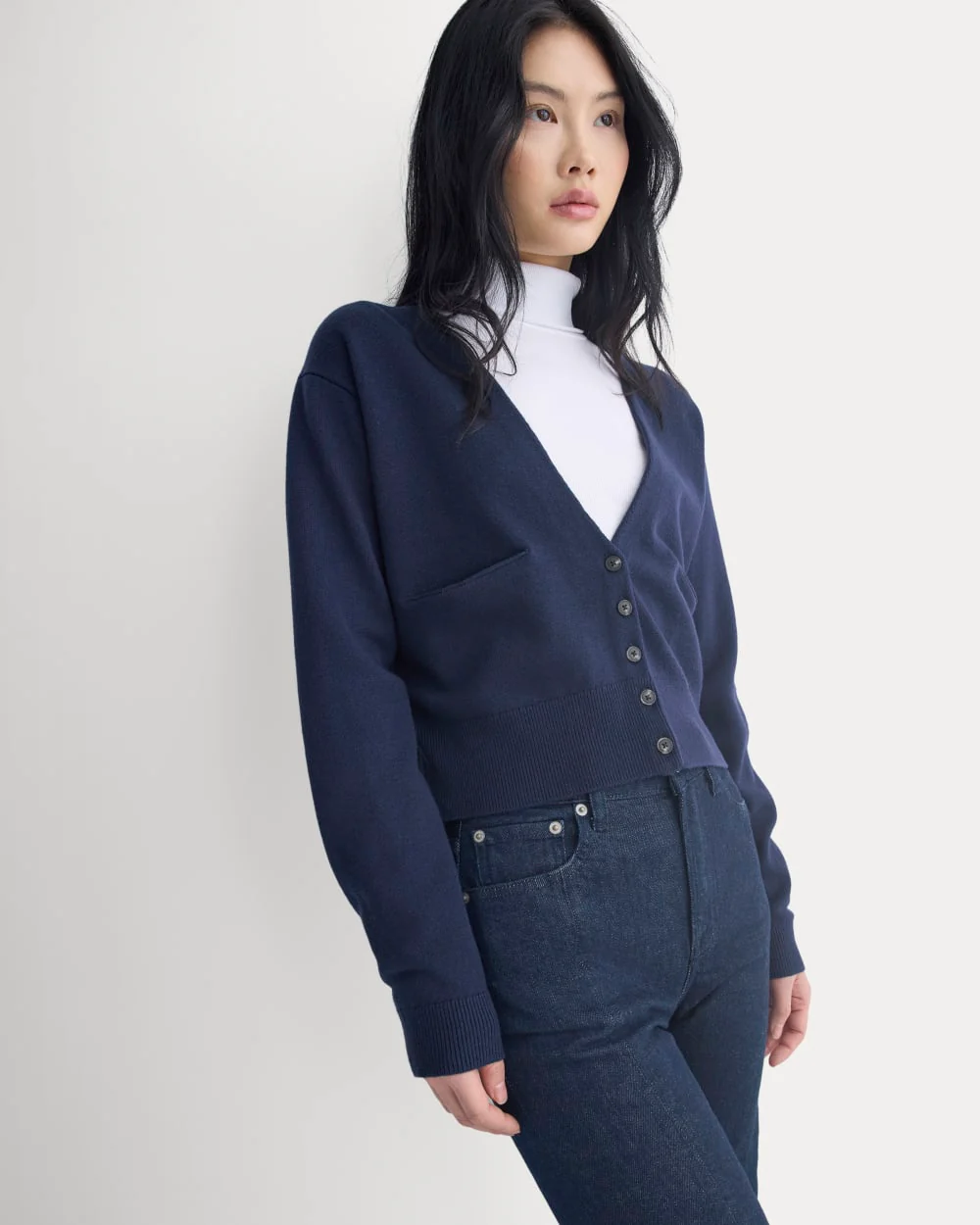 Deep V-Neck Cardigan in Cotton Merino | Navy - Image 4