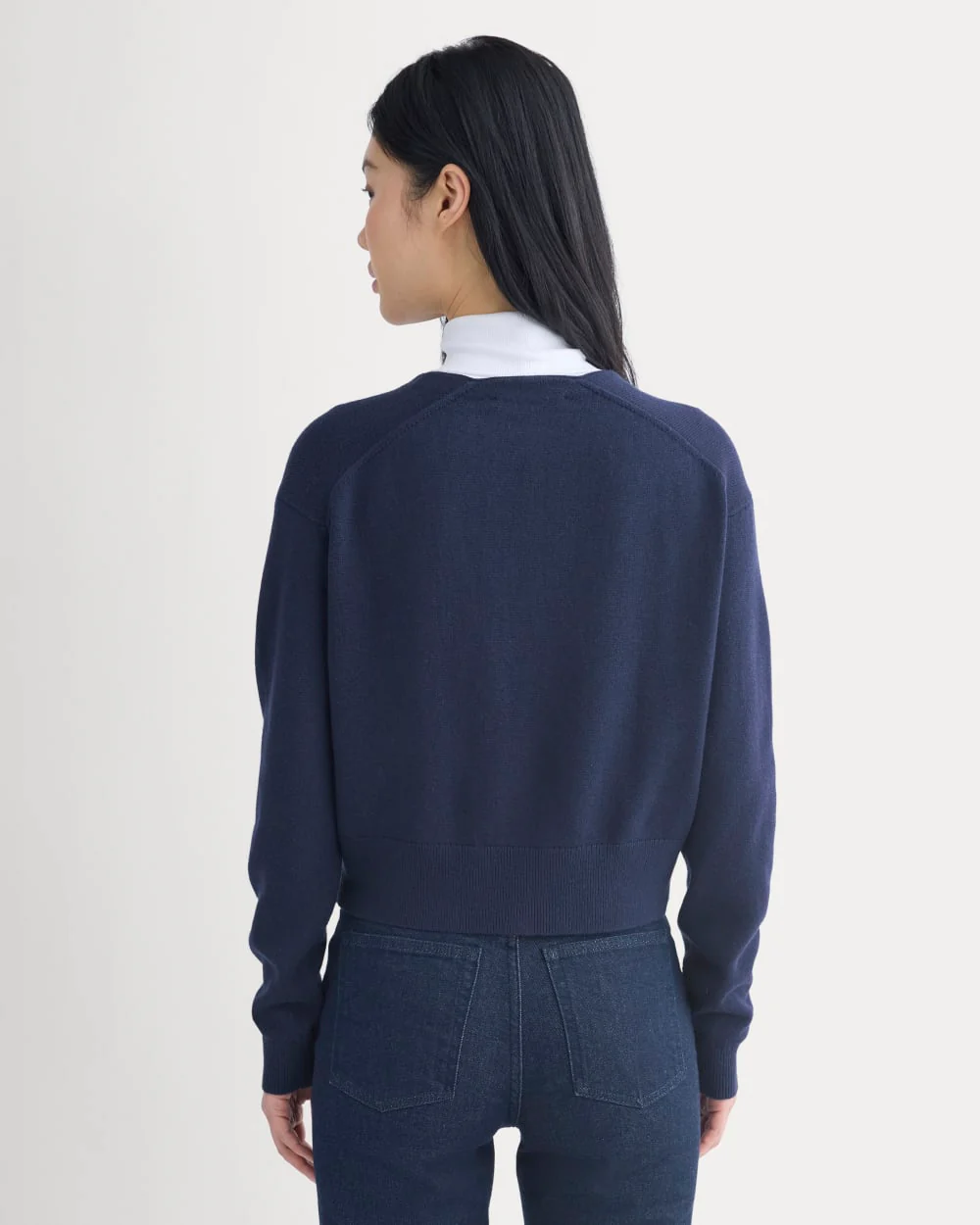Deep V-Neck Cardigan in Cotton Merino | Navy - Image 5