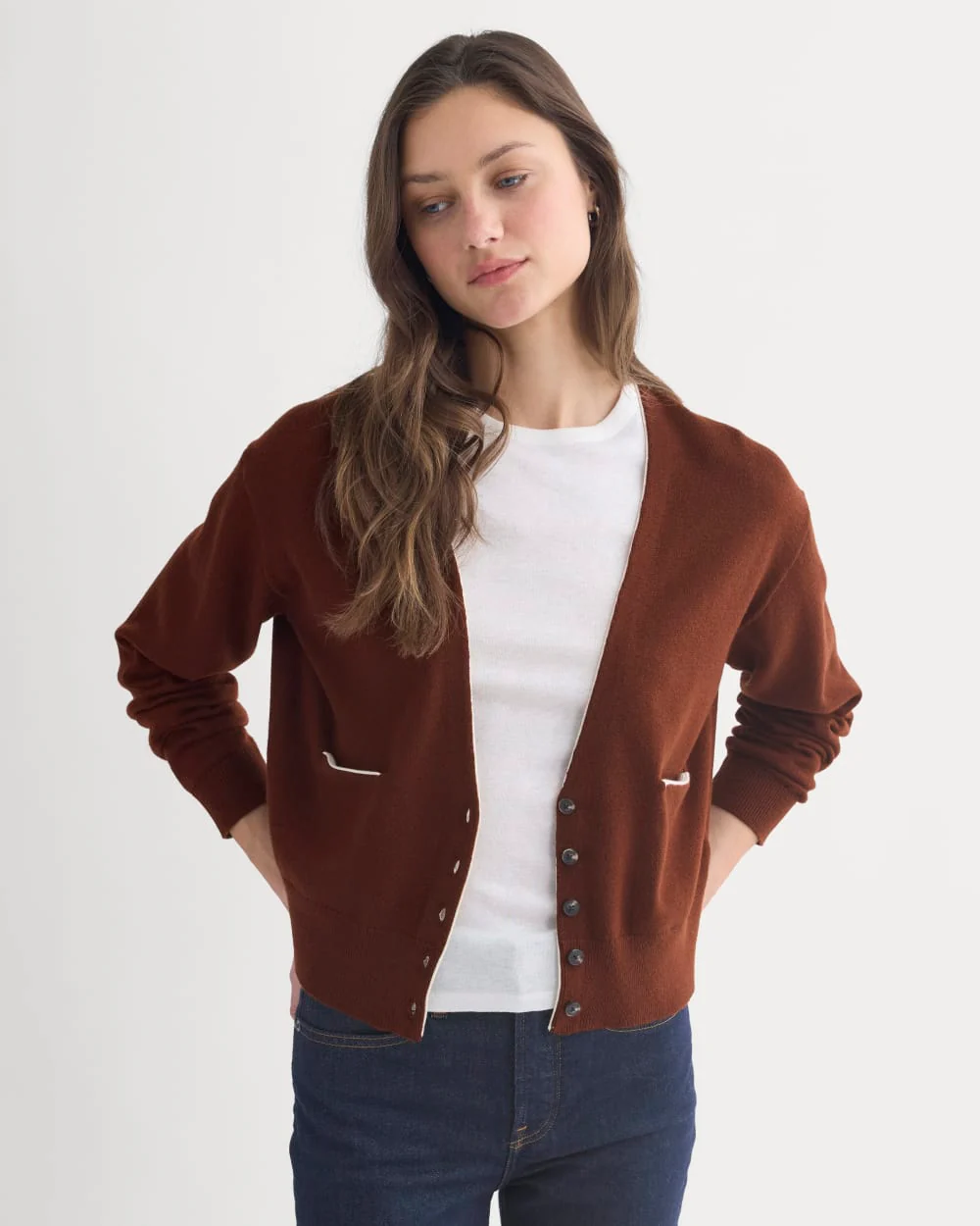 Deep V-Neck Cardigan in Cotton Merino | Whipped Cream - Image 4