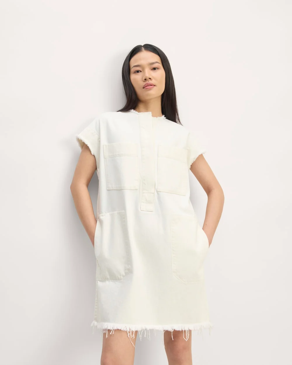 The Denim Workwear Shirtdress | Frayed Hem Bone - Image 4