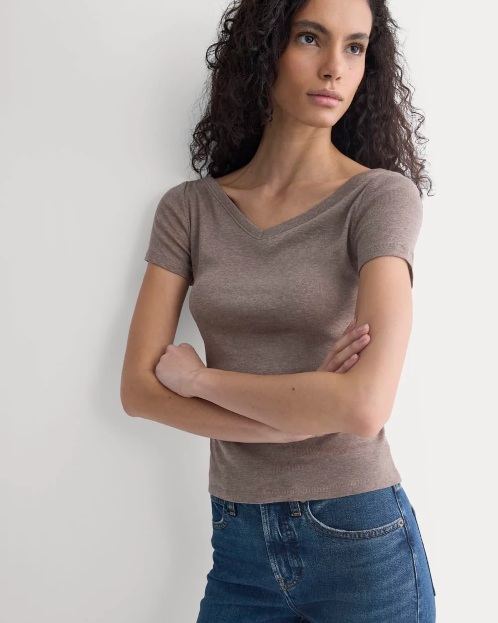 Tissue Short-Sleeve V-Neck Top | Heathered Chocolate Chip - Image 5
