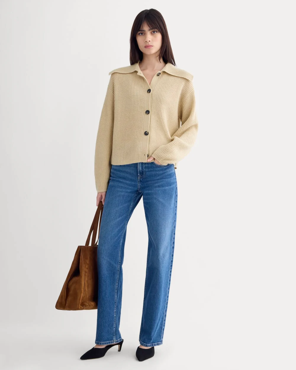 Fisherman Cardigan in Wool Cashmere | Heather Light Camel - Image 3