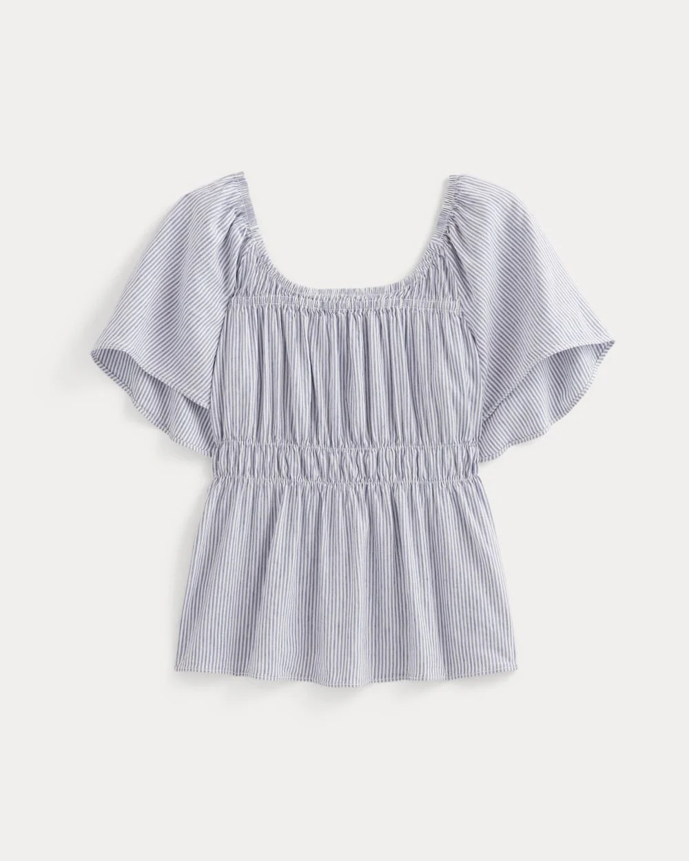 The Flutter-Sleeve Top in Stretch Linen | White / Dutch Blue - Image 2
