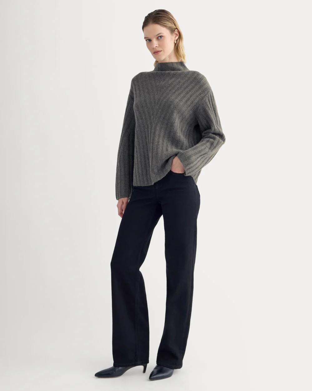 Funnel-Neck Sweater in Wool Cashmere | Heather Charcoal - Image 3