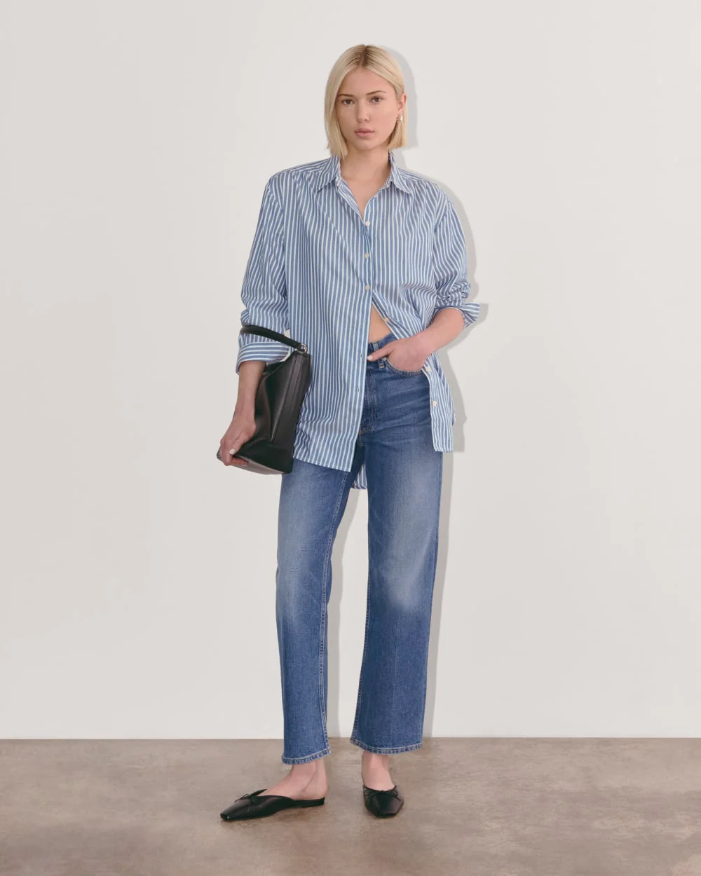 The Gathered Shirt in Silky Cotton | Bone / Mazarine Blue - Image 3