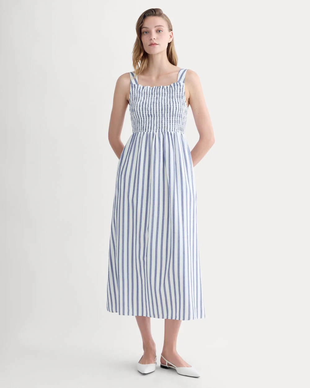 The Gauze Smock Dress | White / Mazarine Blue