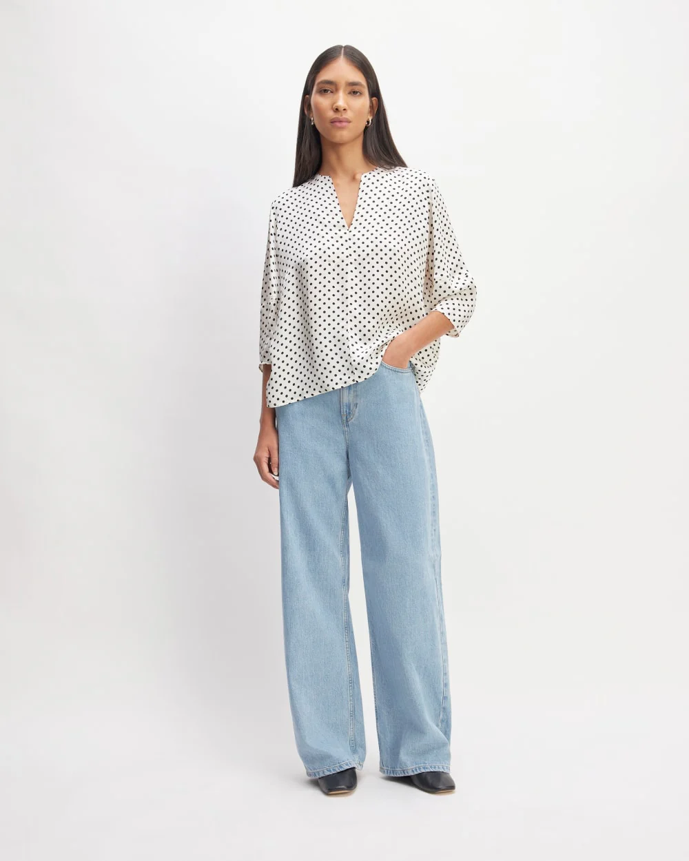The Hammered Satin Balloon Sleeve Top | Bone / Black Polka Dot - Image 3