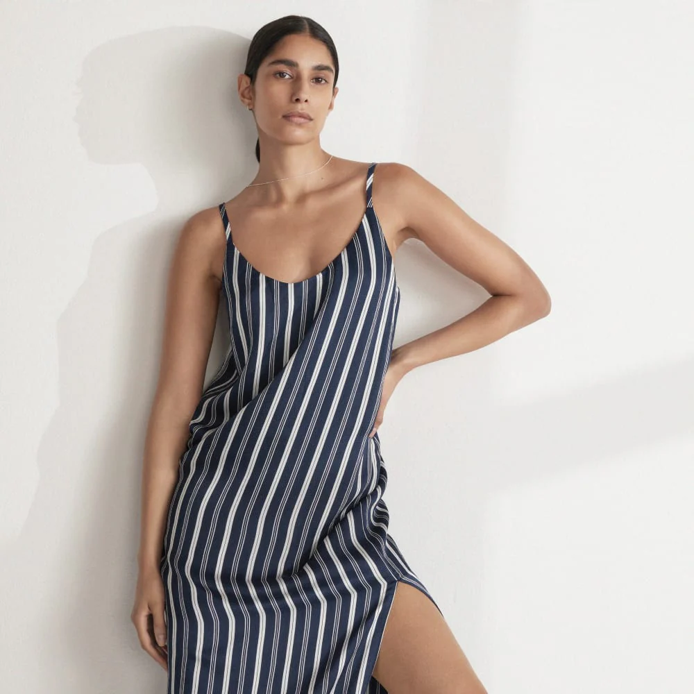 The Hammered Satin Slip Dress | Navy / Bone - Image 7
