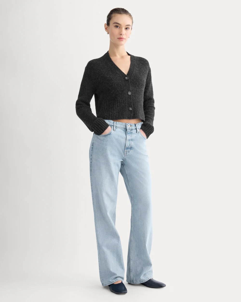 High V Cropped Cardigan in Alpaca | Heather Black - Image 3